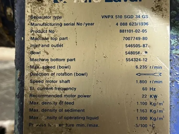 ALFA LAVAL 1996 ALFA LAVAL VNPX 510 SGD 34 GS DISC CENTRIFUGE - VNPX 510 SGD 34 GS